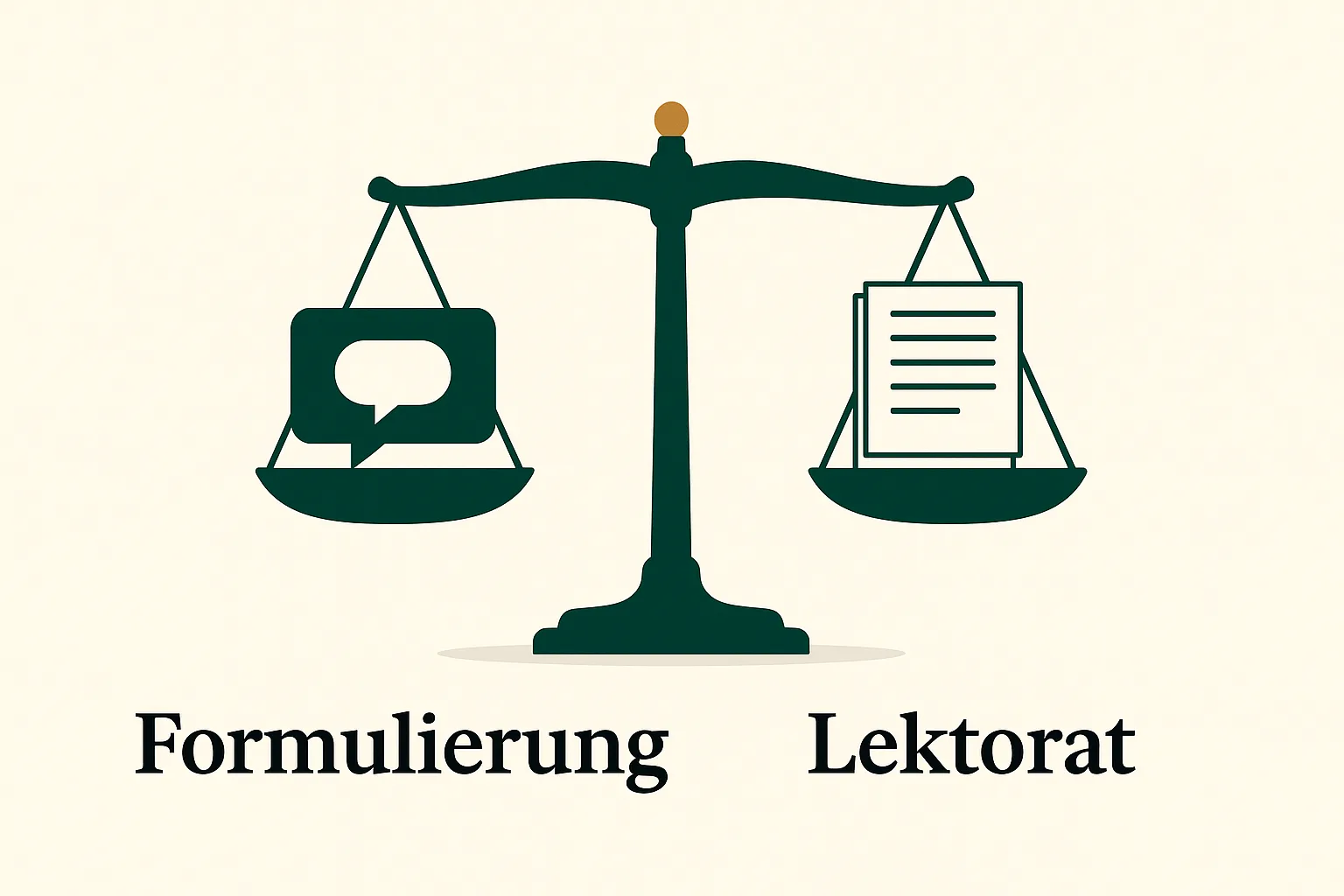 Eine ausgeglichene Waage mit Formulierungshilfe auf der einen und Manuskript-Lektorat auf der anderen Seite