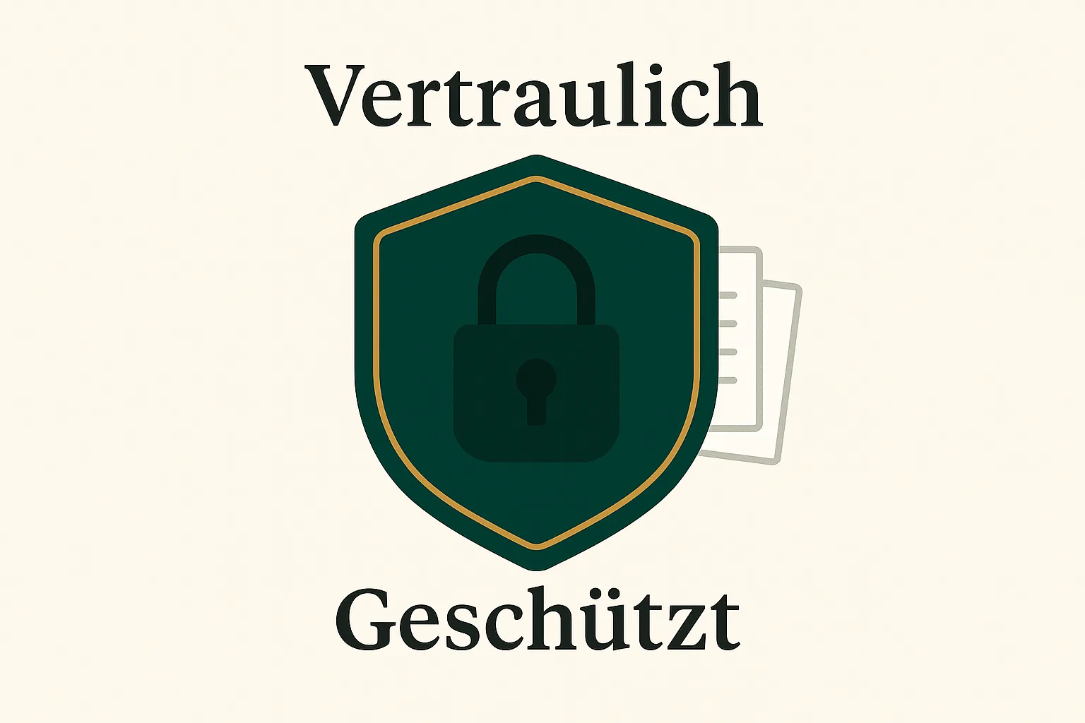 Schloss vor einem Schutzschild mit Dokumenten als Symbol für vertrauliche Datenverarbeitung