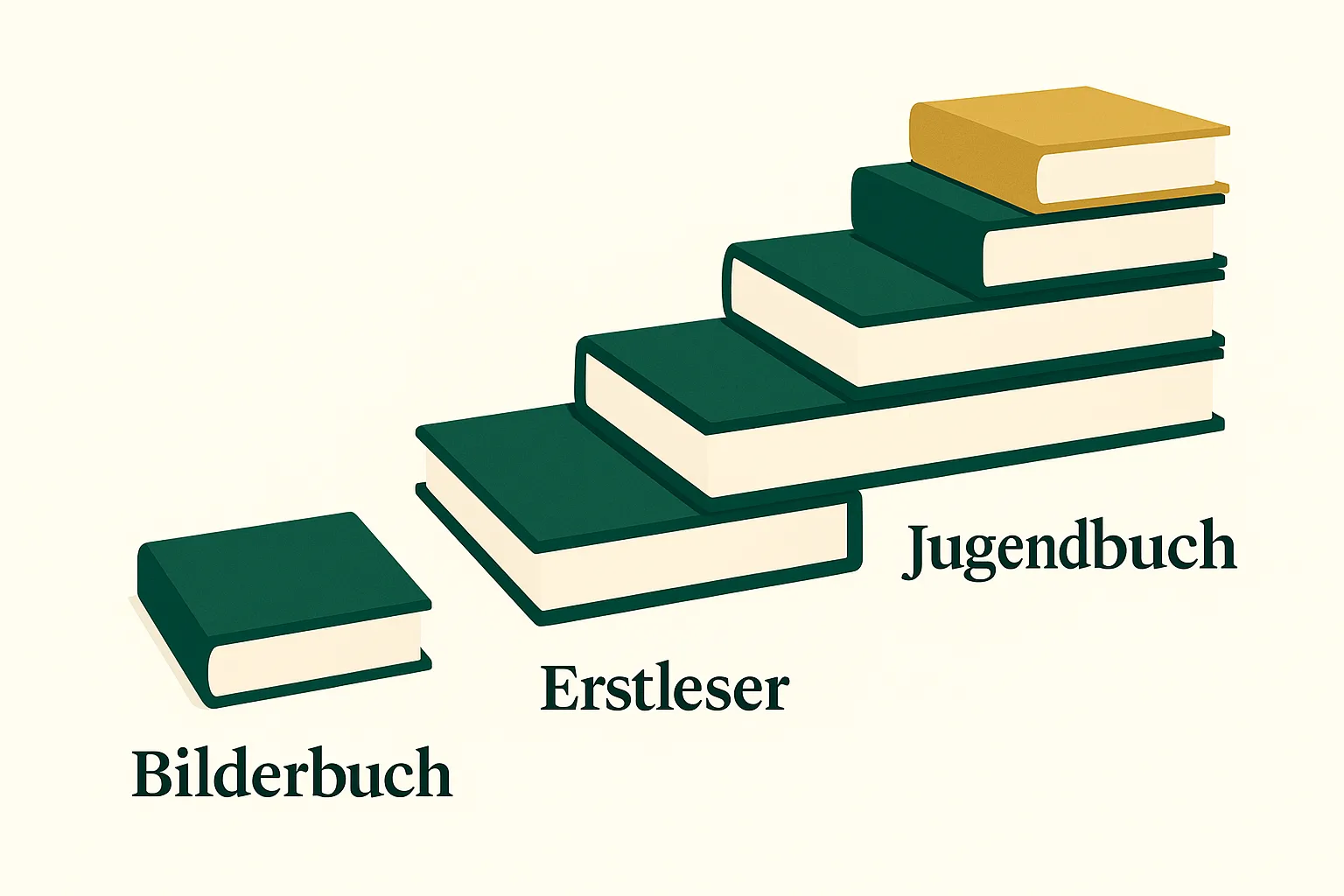 Treppe aus Bücherstapeln, die Altersstufen vom Bilderbuch über Erstleser bis zum Jugendbuch zeigt