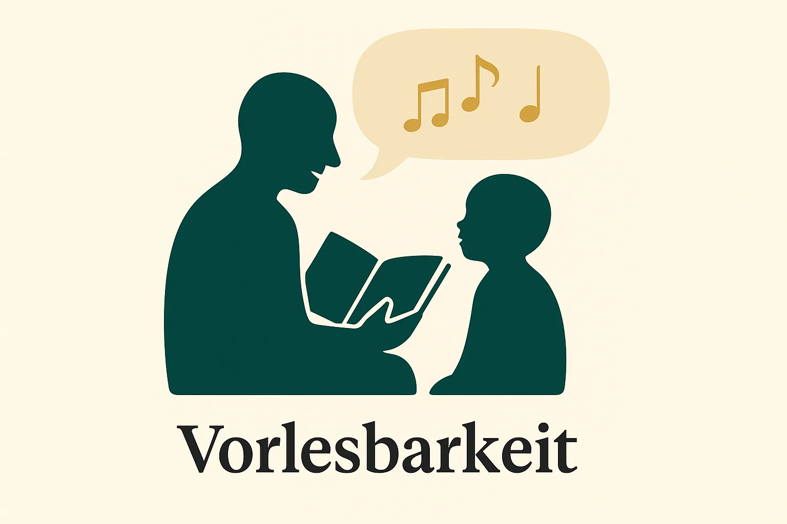 Erwachsener liest einem Kind vor, Sprechblase mit Notensymbolen steht für Rhythmus und Vorlesbarkeit