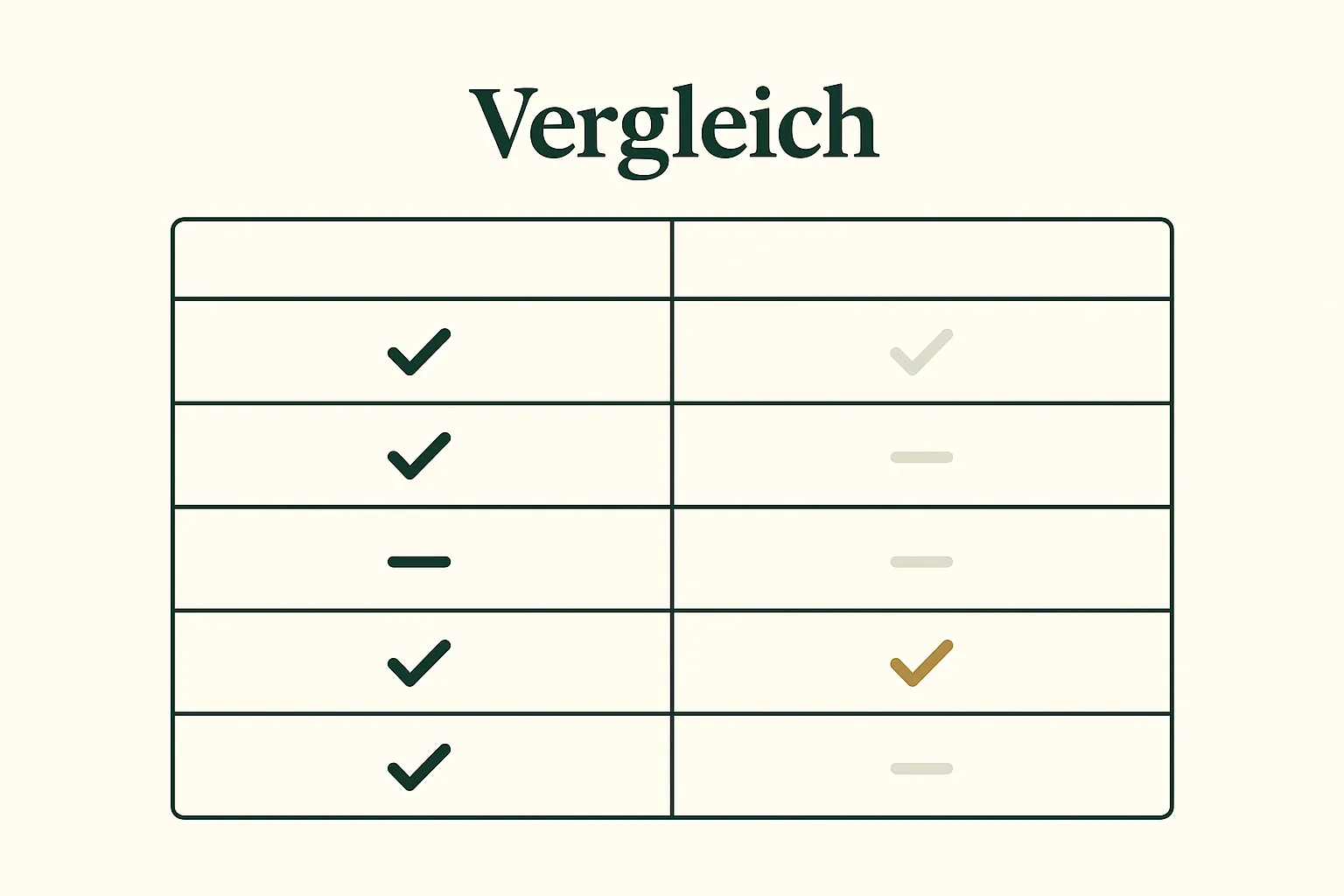Schematische Vergleichsmatrix zweier Schreibwerkzeuge mit Häkchen und Strichen