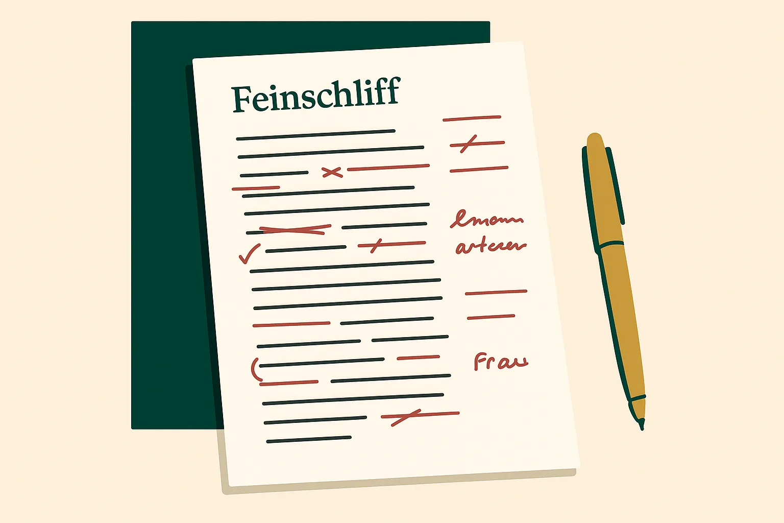 Manuskriptseite mit roten Korrekturzeichen und Randnotizen als Symbol für den sprachlichen Feinschliff